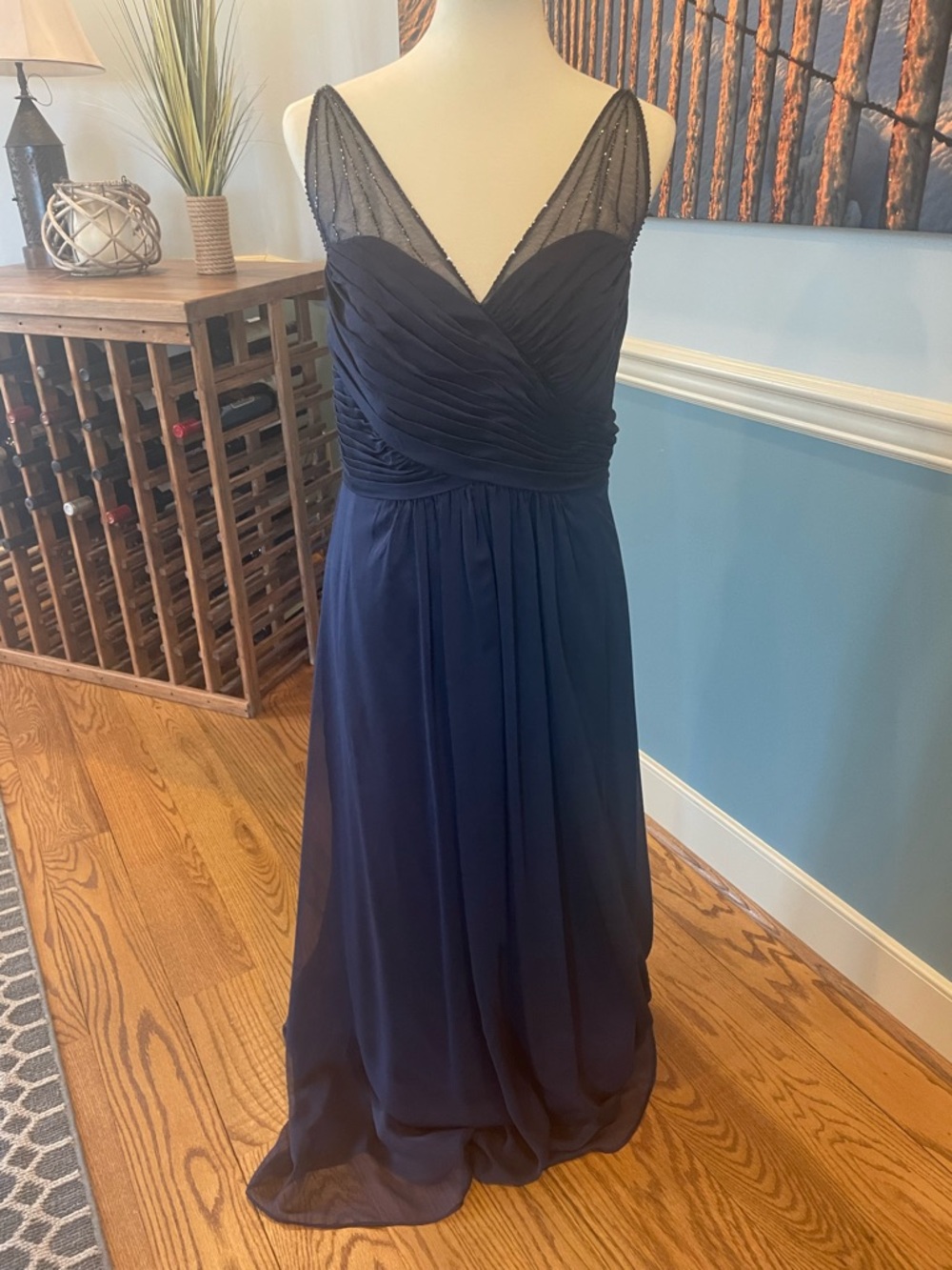 Elegant Navy Chiffon Evening Dress with Sheer Straps